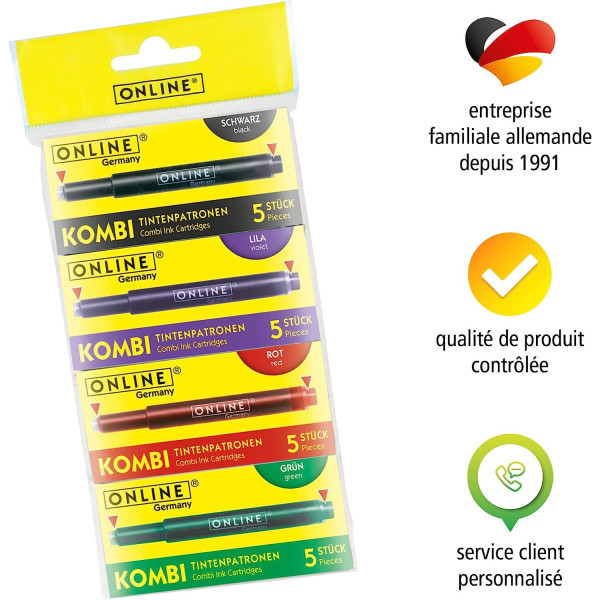 Cartouches d'encre - Longue - Pour stylo plume et roller - Noir - Rouge - Vert - Violet
