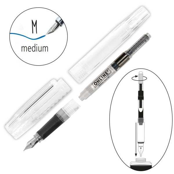Stylo plume - Rechargeable - Avec convertisseur - Pointe moyenne - Corps transparent
