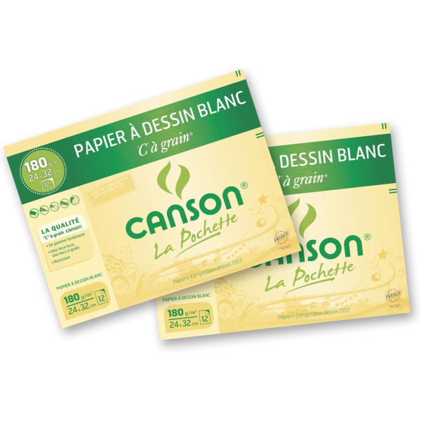 Canson - Papier à dessin - A4 - 21x29,7 cm - Blanc - 180g - 12 feuilles - Lot de 2 pochettes