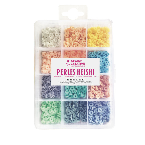 photo-Boîte de perles - Heishi - Pour bijoux - 12 couleurs pastel - 1750 perles - 6mm diamètre