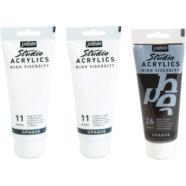Lot 3 tubes de peinture acrylique - Blanc de Titane et Noir de Mars - Pébéo - 3x100ml