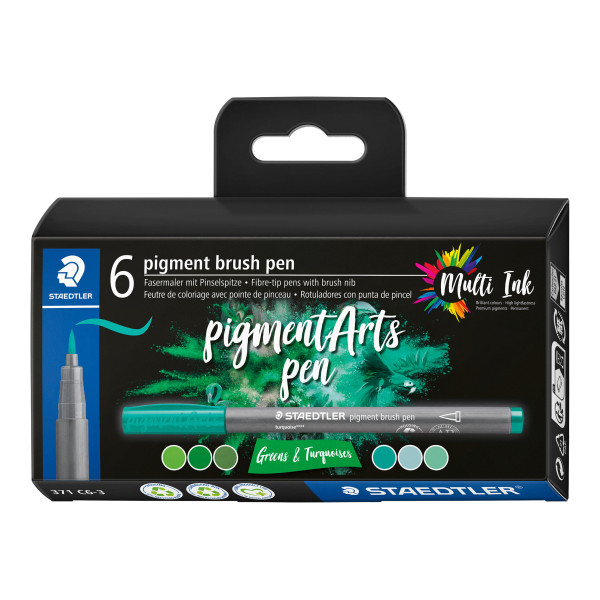 photo-6 feutres - Pointe pinceau - Staedtler - Pigment Arts Pen - Assortis vert et turquoise