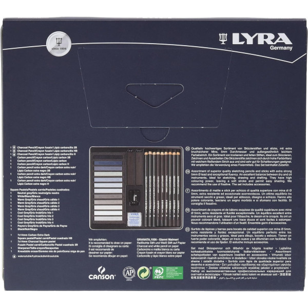 Crayons esquisse - Pastels - Tons gris - Beaux-arts - Boîte métal - 25 pièces - Lyra
