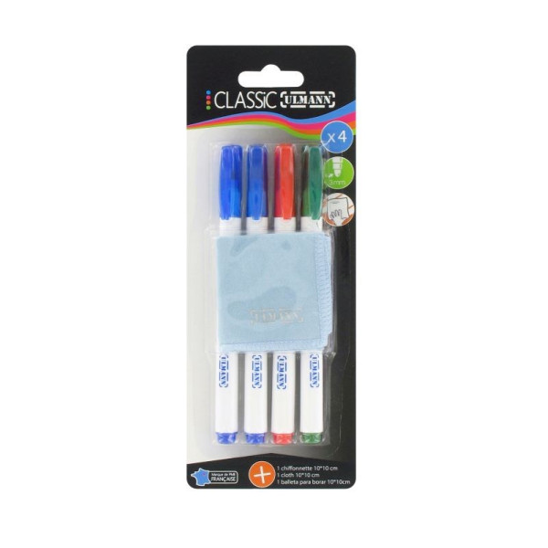 4 Feutres Effaçables Spécial Ardoise Blanche + Microfibre - Ulmann pas cher