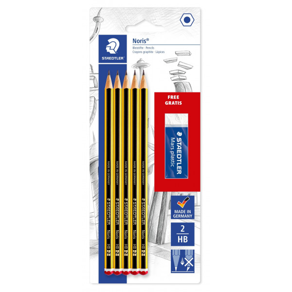 photo-5 crayons graphite - HB - Noris  - Gomme blanche - Mars Plastic - Staedtler