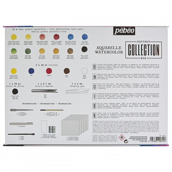 Peinture aquarelle - Fine - Coffret - 12 demi godets et accessoires - Pébéo