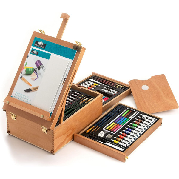 photo-Coffret - Chevalet d'artiste - Acrylique, aquarelle, pastels, crayons et accessoires - 104 pièces