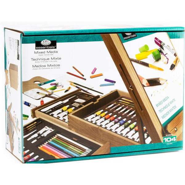 Coffret - Chevalet d'artiste - Acrylique, aquarelle, pastels, crayons et accessoires - 104 pièces