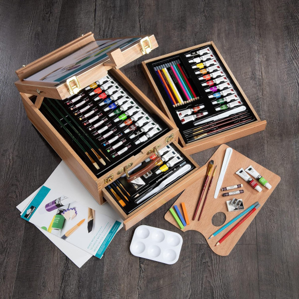Coffret - Chevalet d'artiste - Acrylique, aquarelle, pastels, crayons et accessoires - 104 pièces