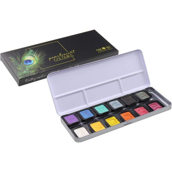 Peinture aquarelle - Couleurs effet nacrée - Boite de 12 godets - Finetec Premium