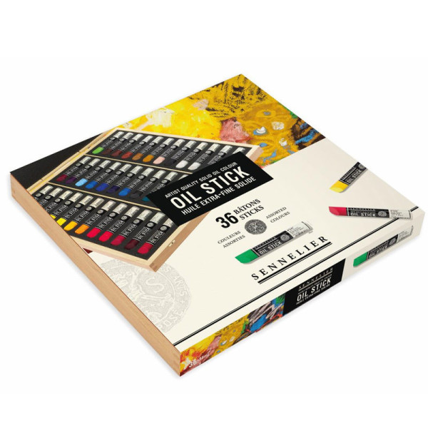 photo-Huile stick - Extra-fine - Solide - Sennelier - Coffret bois - 36 couleurs + accessoires
