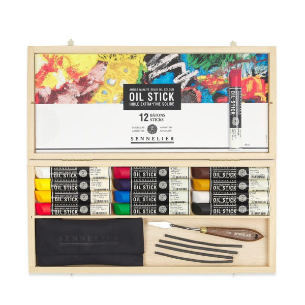 Huile stick - Extra-fine - Solide - Sennelier - Coffret bois - 12 couleurs + accessoires