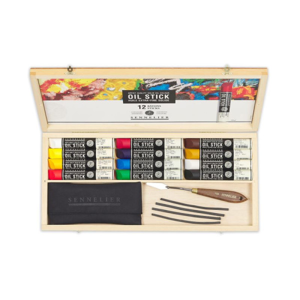 Huile stick - Extra-fine - Solide - Sennelier - Coffret bois - 12 couleurs + accessoires