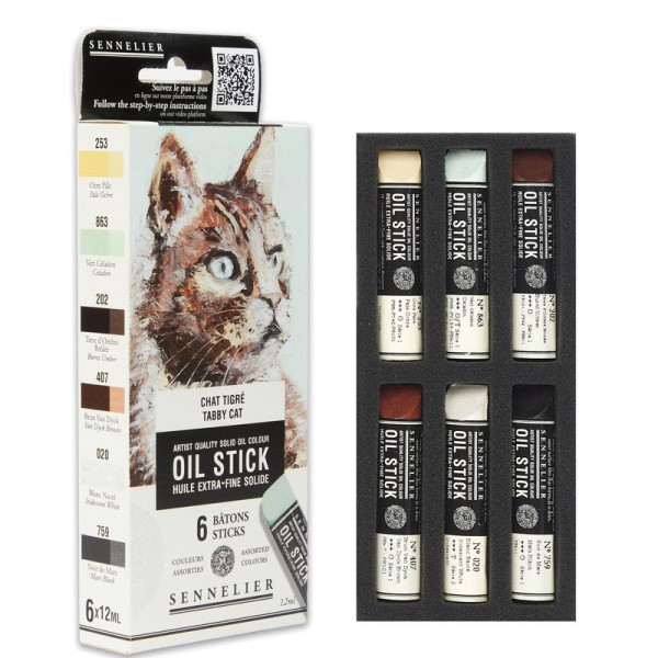 Huile stick - Extra-fine - Solide - Sennelier - 6 couleurs - Chat tigré