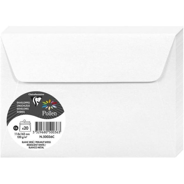 photo-Enveloppes - Format C6 - 114x162mm - Pollen - Blanc irisé - 20 unités - Clairefontaine