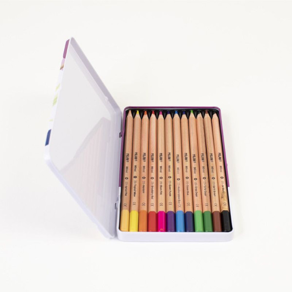 Crayons de couleur - Mine épaisse - 12 couleurs - Boîte métal - Milan