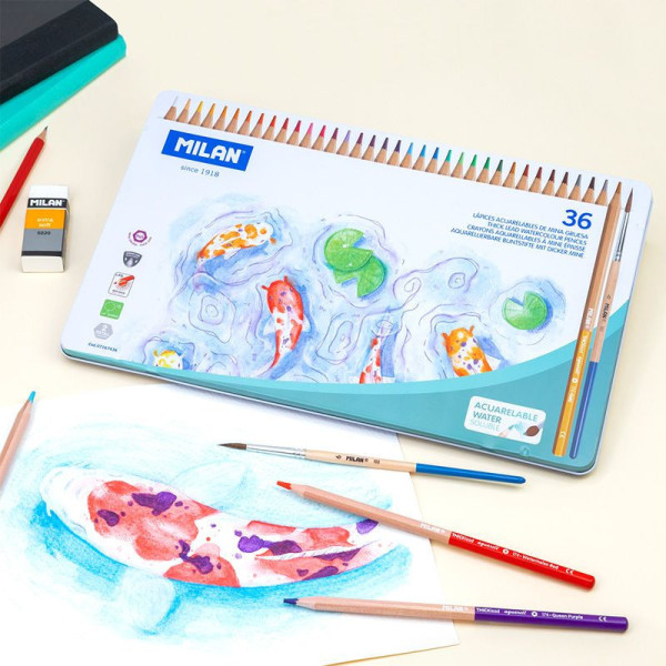 Crayons de couleur - Aquarelle - Mine épaisse - Pinceau inclus - 36 couleurs - Milan