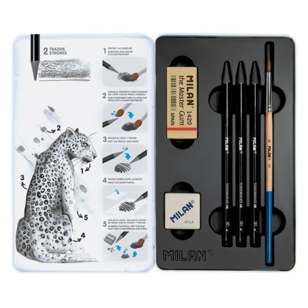 Crayons graphite - Aquarelle - HB, 4B et 8B - Accessoires - Boîte métal - Milan