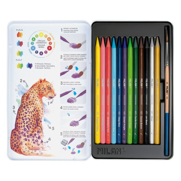 Crayons de couleur - Aquarelle - Sans bois - Pinceau inclus - 12 couleurs - Milan