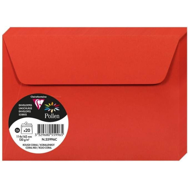 photo-Enveloppes - Format C6 - 114x162mm - Pollen - Rouge corail - 20 unités - Clairefontaine