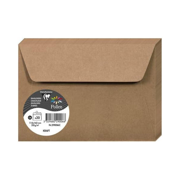 Enveloppes - Format C6 - 114x162mm - Pollen - Marron kraft - 20 unités - Clairefontaine