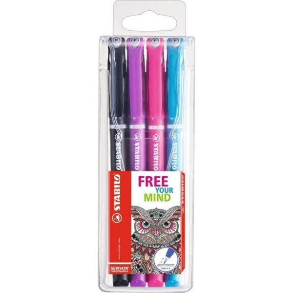 4 feutres fineliner STABILO SENSOR pointe moyenne 0.7mm noir rose violet turquoise