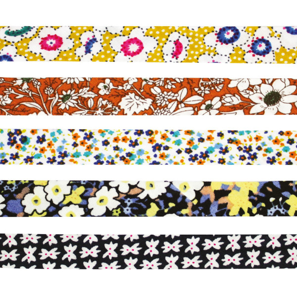Biais coton - 1 cm x 1 m - Fleurs bleu et jaune - 5 modèles - Couture - Loisirs créatifs