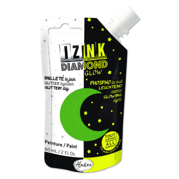 photo-Peinture tous supports - Pailletée et phosphorescente - Vert - 60ml - IZINK - Diamond glow