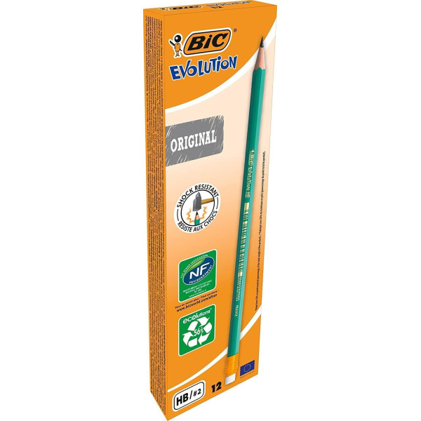 12 crayons à papier - HB - Avec embout gomme - Mine résistante - BIC - Evolution