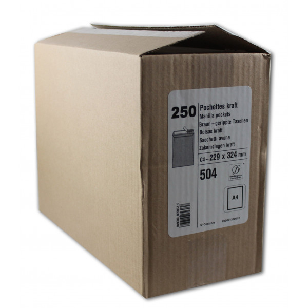 250 Pochettes - C4 - 229X324Mm - Papier Kraft Brun - 90G - Auto-Adhésives - Gpv | Artmania