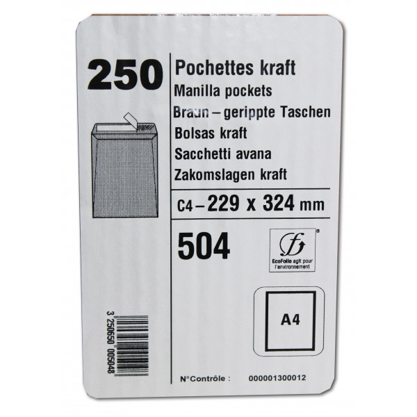 250 Pochettes - C4 - 229X324Mm - Papier Kraft Brun - 90G - Auto-Adhésives - Gpv | à seulement 19,99 €