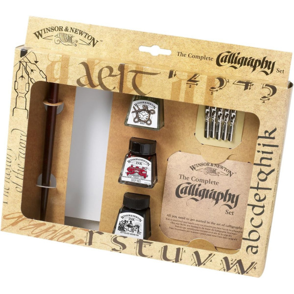 photo-Coffret - Calligraphie - 3 flacons d'encre à dessin + accessoires - Winsor et Newton