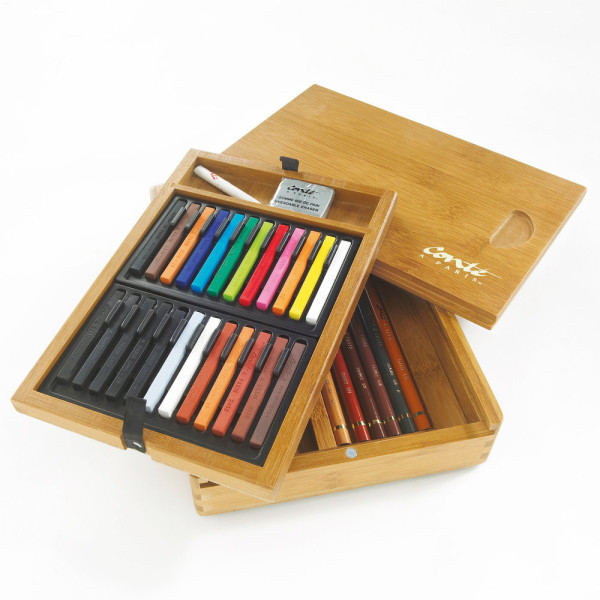 photo-Coffret bois - Crayons esquisses, carrés couleur et accessoires - Conté à Paris