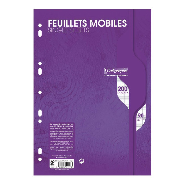 200 feuillets mobiles - Grands carreaux - 21x29,7cm - 90g - Calligraphe