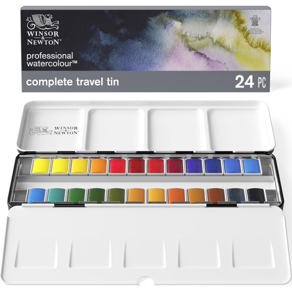 photo-Peinture aquarelle - Boîte métal - 24 demi-godets - Winsor et Newton - Professional