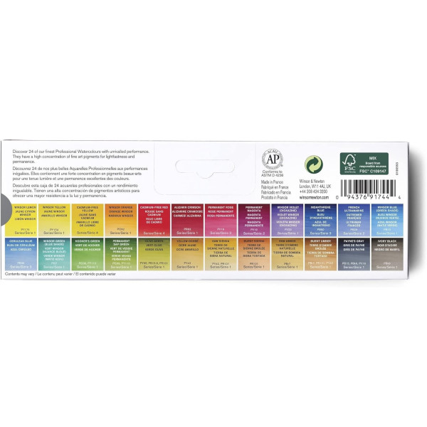 Peinture aquarelle - Boîte métal - 24 demi-godets - Winsor et Newton - Professional