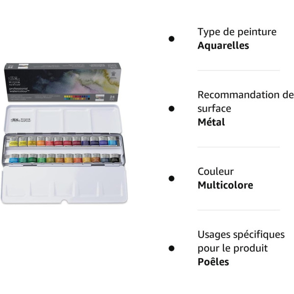 Peinture aquarelle - Boîte métal - 24 demi-godets - Winsor et Newton - Professional