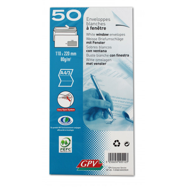 50 enveloppes blanches à fenêtre - 110x220 mm - 80g - GPV