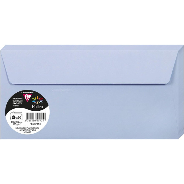 photo - Enveloppes - Format DL - 110x220mm - Bleu lavande - 20 unités - Clairefontaine