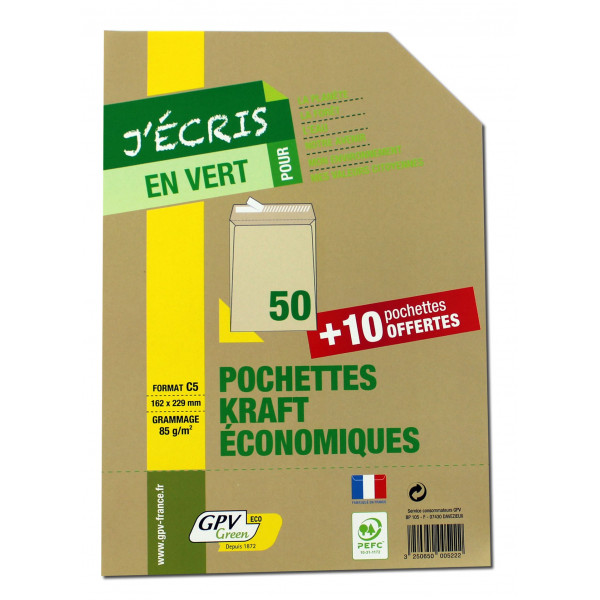50 Pochettes Kraft +10 Pochettes Offertes C5 162X229 Mm 85G Gpv 522 pas cher
