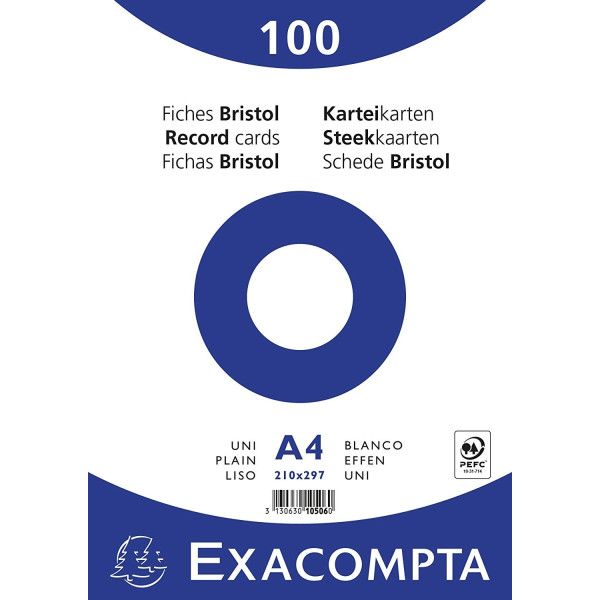 100 Fiches bristol A4 blanches unies 21x29,7cm