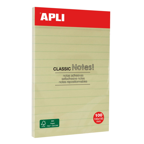 photo-Bloc de 100 notes repositionnables de couleur jaune standard – Feuilles lignées – Format 100x150mm