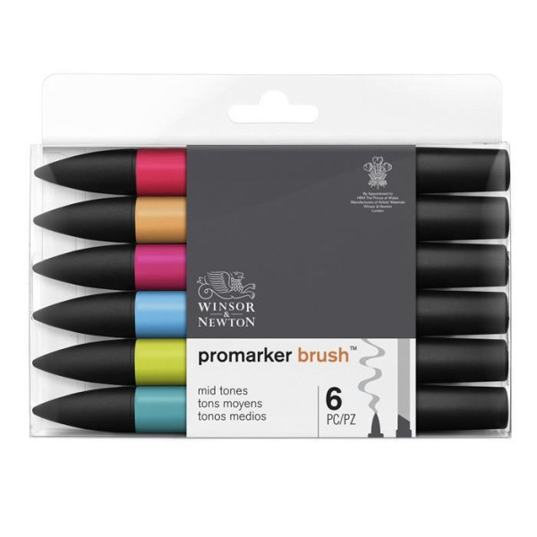 Lot de 6 feutres Promarker Brush tons moyen - Winsor et Newton pas cher